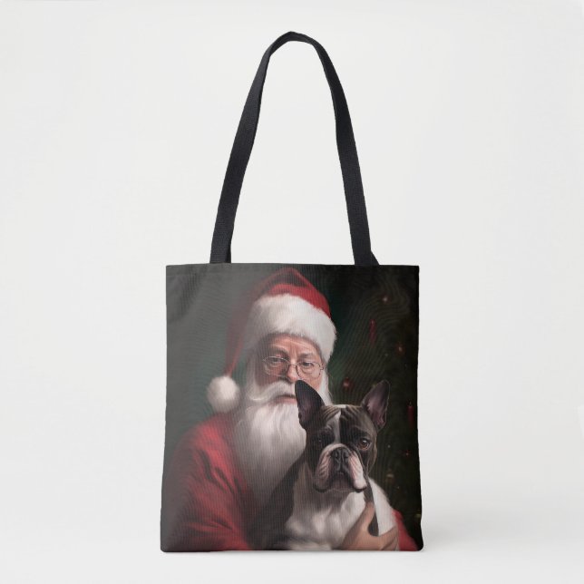 Tote Bag Boston Terrier avec Noël Festif du Père Noël (Devant)