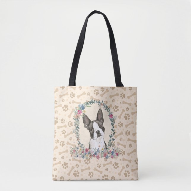 Tote Bag Boston Terrier Chien Empreinte de patte & Chien Bo (Devant)