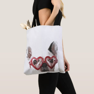Tote Bag Bouledogue français en verres de coeur