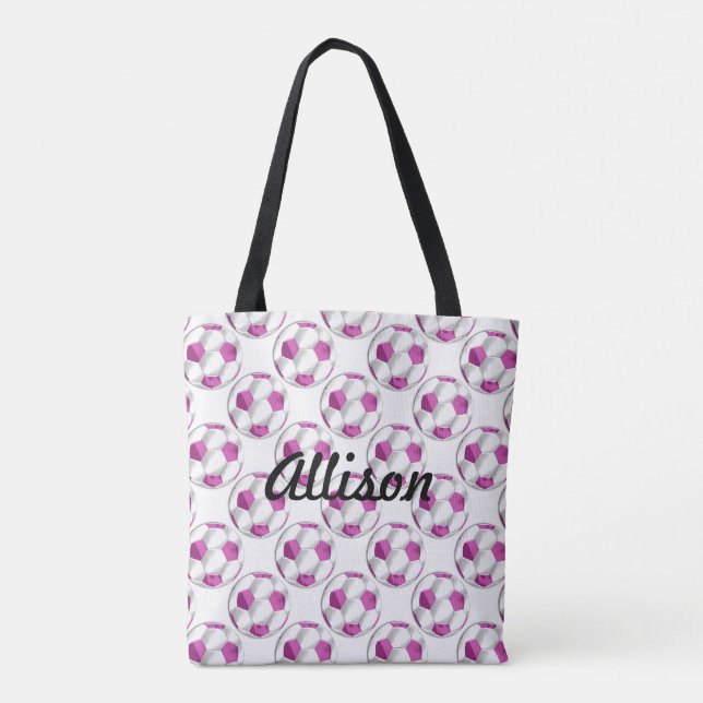 Tote Bag Boules de soccer rose et blanc avec nom (Dos)