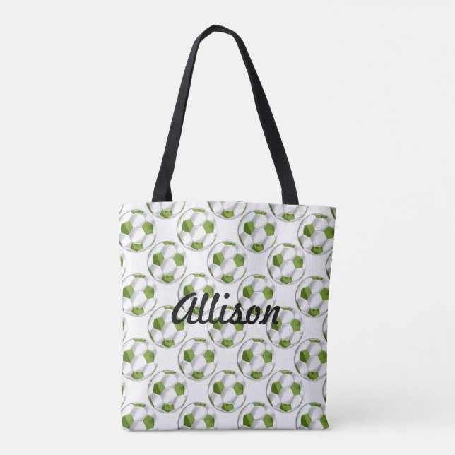 Tote Bag Boules de soccer vert et blanc avec nom (Dos)
