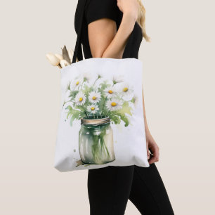 Tote Bag Bouquet Daisy Aquarelle À Mason Jar