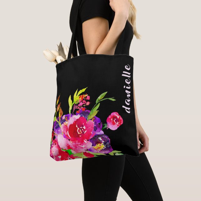 Tote Bag Bouquet D'Aquarelle Chic Violet Et Rose Floral (De près)
