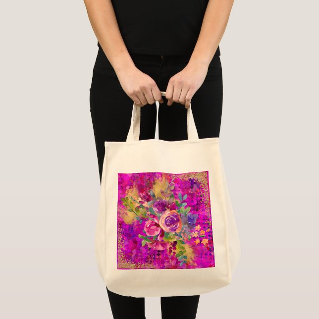 Tote Bag Bouquet de fleurs d'aquarelle sur framboise rose (Devant (produit))
