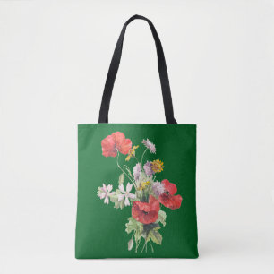 Tote Bag Bouquet de fleurs, fond vert chasseur,