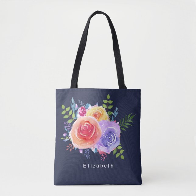 Tote Bag Bouquet de fleurs Rose aquarelle (Devant)