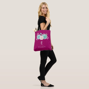 Tote Bag Bouquet de fleurs rose et vert Pastel sur Magenta 