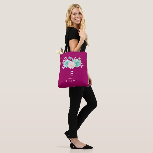 Tote Bag Bouquet de fleurs rose et vert Pastel sur Magenta  (Sur le modèle)