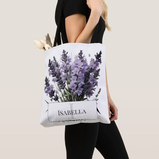 Tote Bag Bouquet de lavande aquarelle personnalisé (De près)