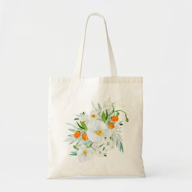Tote Bag Bouquet d'orchidées blanches et de kumquats à l'aq (Devant)