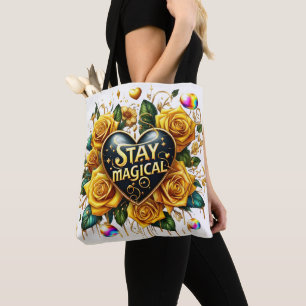 Tote Bag Bouquet enchanteur de Roses d'or et de coeur