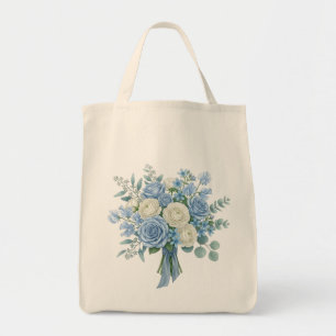 Tote Bag Bouquet floral bleu et blanc élégant aquarelle B