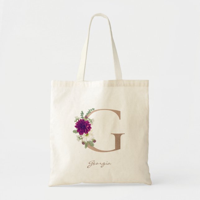 Tote Bag Bouquet floral rose or lettre G (Devant)