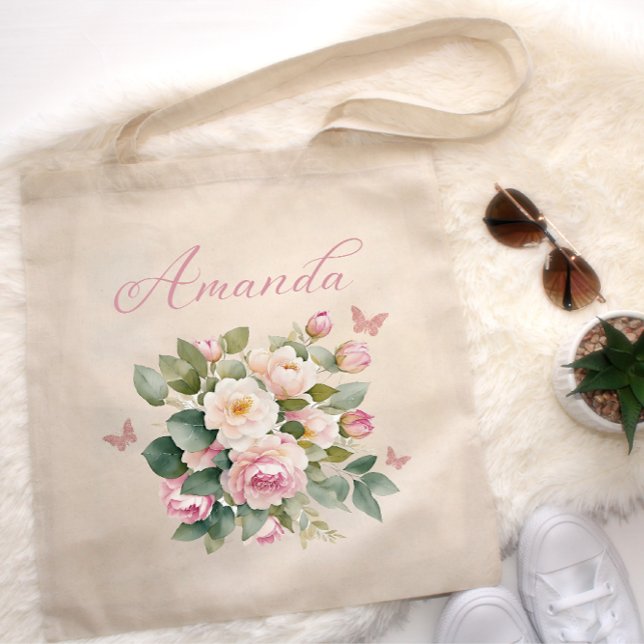 Tote Bag Bouquet floral rose pâle Nom de la servante Mariag (Créateur téléchargé)