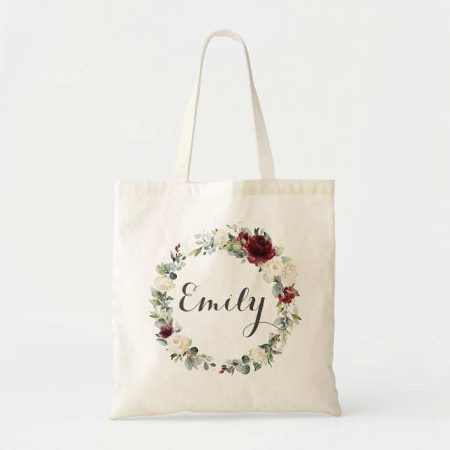 Tote Bag Bourgogne Blanc Ivory Floral Fleurs Mariage Faveur (Devant)