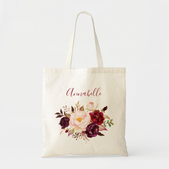 Tote Bag Bourgogne et marsala brune Floral & Nom ou Monogra (Devant)