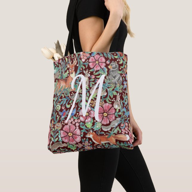 Tote Bag Bourgogne Floral Aquarelle Forêt Monogramme animal (De près)