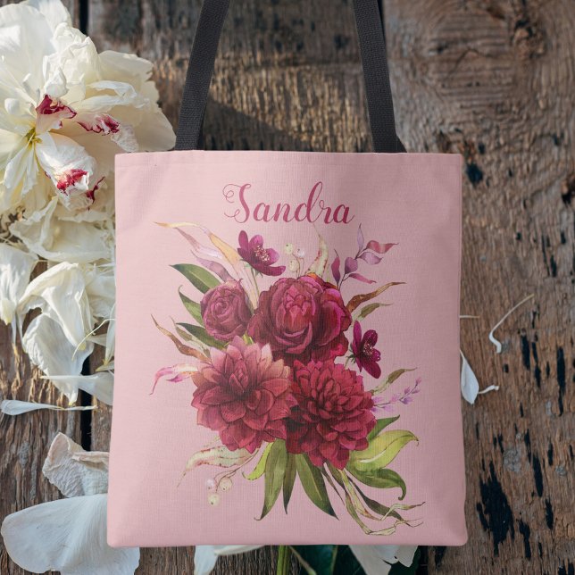 Tote Bag Bourgogne rose Floral Botanique Élégante Épouse (Créateur téléchargé)