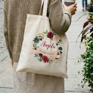 Tote Bag Bourgogne Teinté Bleu Couronne Fleurie Demoiselle