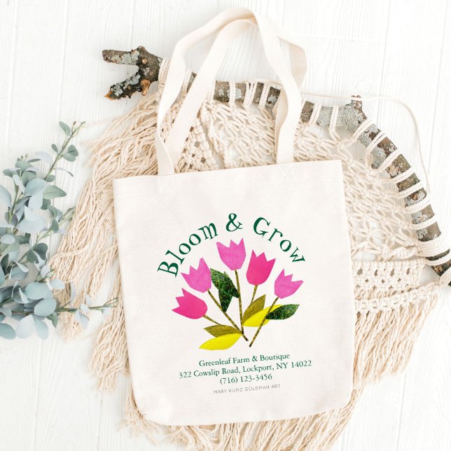 Tote Bag Boutique de la Ferme de jardin fleurie Retro (These retro pink tulips are my own original art. Your business info appears in classic typography.)