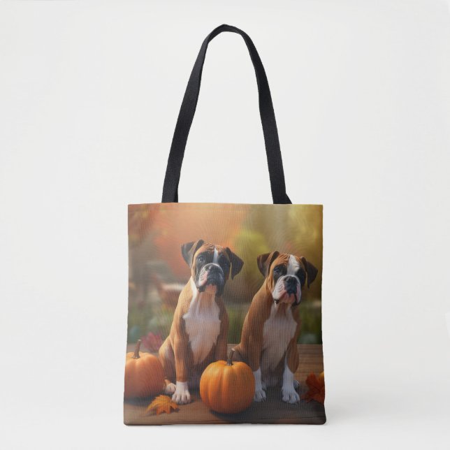 Tote Bag Boxer Chiot Automne Citrouille de plaisir (Devant)