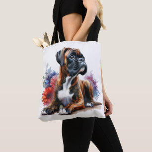 Tote Bag Boxer parmi les fleurs en aquarelle