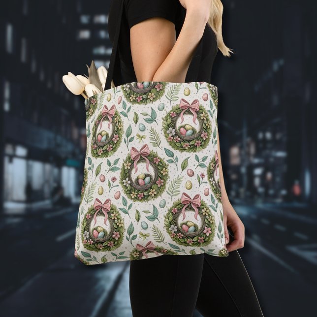 Tote Bag Boxwood Easter Wreath Pink Bow with Egg (Créateur téléchargé)