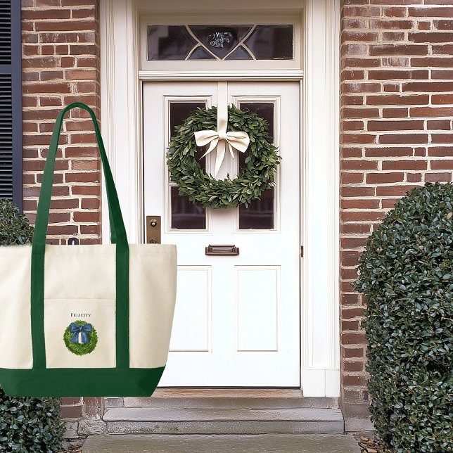 Tote Bag Boxwood Wreath Blue Bow Contrast Trier Bateau (boxwood wreath with bow personalized name tote bag)