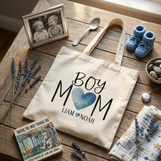 Tote Bag Boy Mom Heart Typography With Two Sons Names