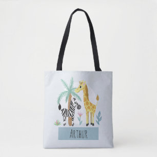Tote Bag Boys Cute Safari Animaux Girafe et Name Kids