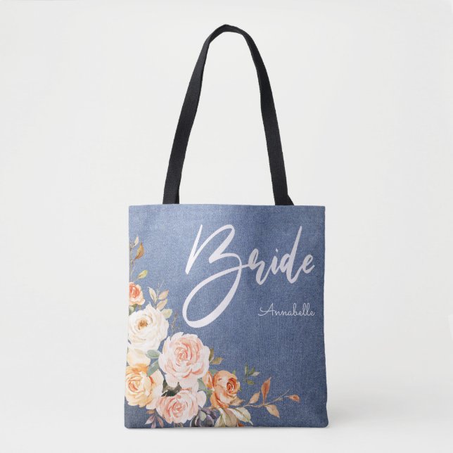 Tote Bag Bride Blush Pink & Peach faux Jean Floral (Devant)