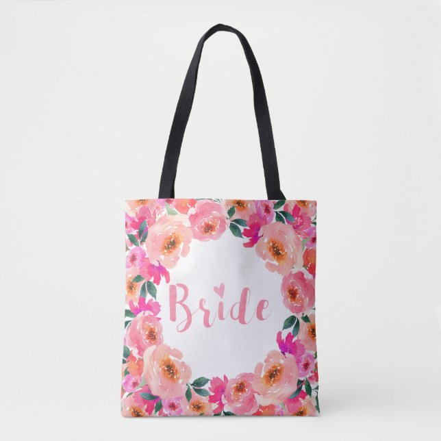 Tote Bag Bride Chic Script rose Aquarelle Floral (Devant)