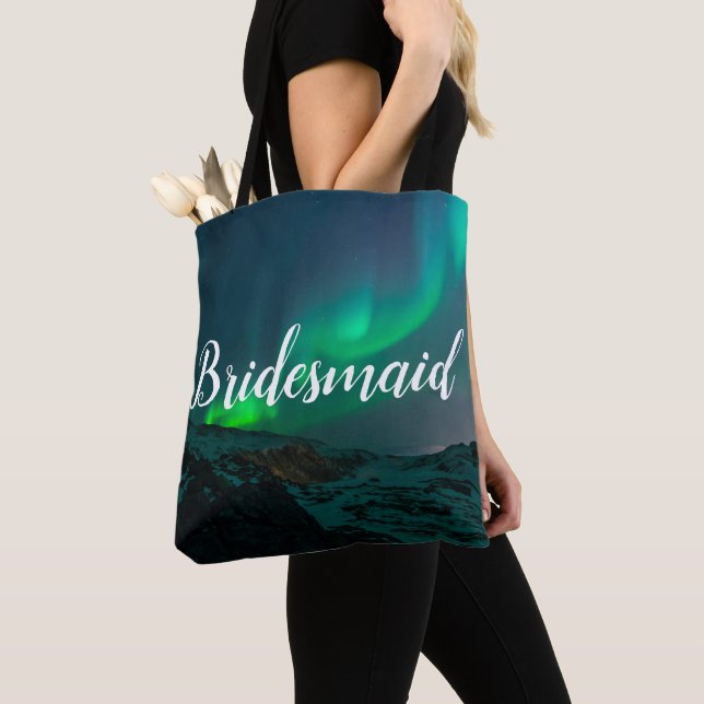 Tote Bag Bridesmaid Aurora Lumières Script Mariage élégant (De près)
