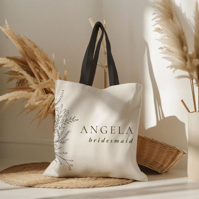 Tote Bag Bridesmaid Bouquet débordant (Overflowing floral bouquet custom name bridesmaid wedding tote bag.)