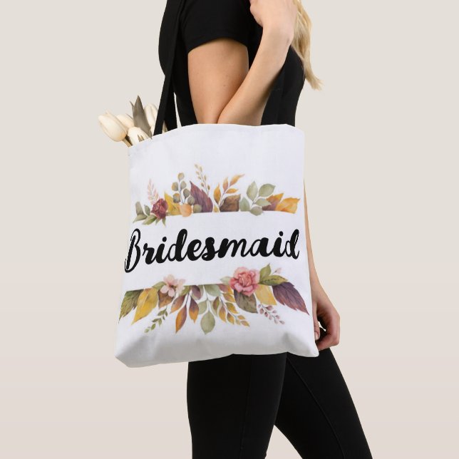 Tote Bag Bridesmaid Burgundy Floral Texte Mariage de automn (De près)