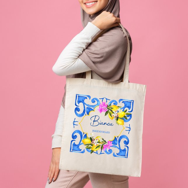 Tote Bag Bridesmaid cadeau Citron Bleu tuiles nom personnal (Créateur téléchargé)