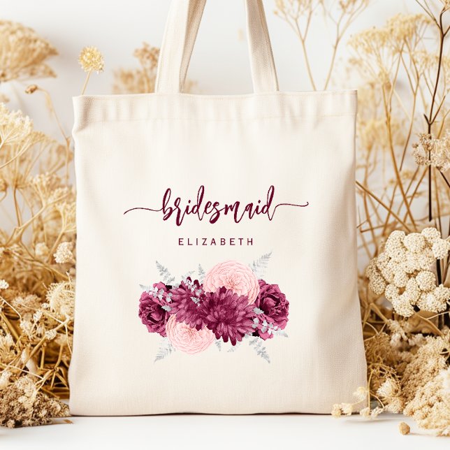 Tote Bag Bridesmaid Floral Burgundy Blush Script (Créateur téléchargé)