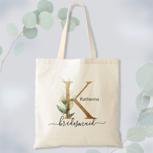 Tote Bag Bridesmaid Gold Leaf Green Foliage Monogramme "K" (Créateur téléchargé)