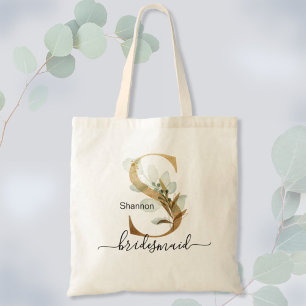 Tote Bag Bridesmaid Gold Leaf Green Foliage Monogramme "S"