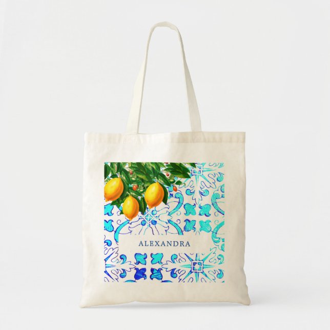 Tote Bag Bridesmaid Lemons Blue Carreaux personnels (Devant)