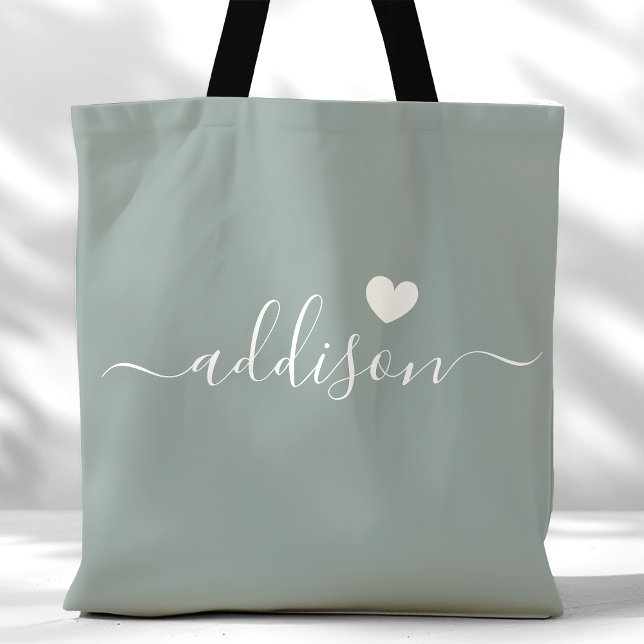 Tote Bag Bridesmaid Script moderne Coeur Sage Vert (Créateur téléchargé)