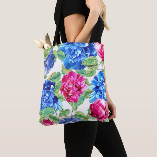 Tote Bag Bright rose et bleu Floral Joli Motif (De près)