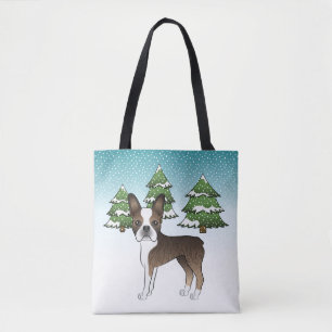 Tote Bag Brindle Boston Terrier Dans Une Forêt D'Hiver