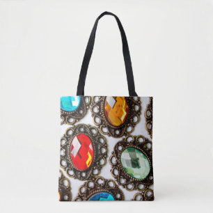 Tote Bag Broches vintages multicolores sur fond blanc
