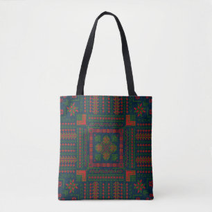 Tote Bag Broderie palestinienne Tatreez rouge vert 5 Motif