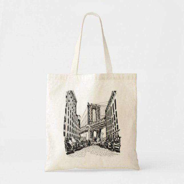 Tote Bag Brooklyn Bridge New York Black White Illustration (Devant)