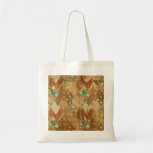 Tote Bag Brown Grunge Quilt Stars Coeurs