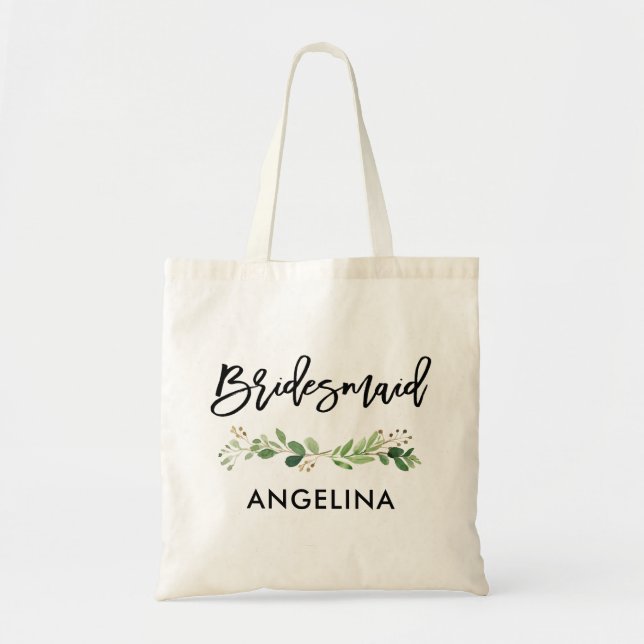 Tote Bag Brush Script Botanical Green Bridesmaid (Devant)