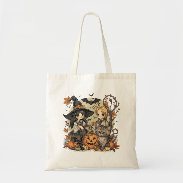 Tote Bag Bruxinhas Kawaii com Gatinho e Abóboras  (Devant)