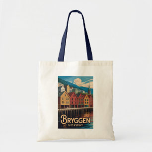 Tote Bag Bryggen Norvège Illustration Voyage Art Bergen